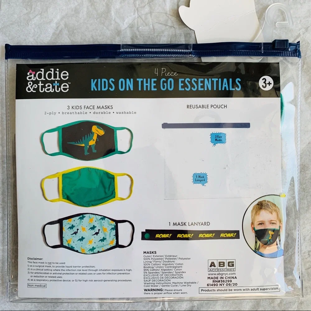 3pcs Pack Addie&tate Dinosaurs Washable Kids Face Masks + Lanyard